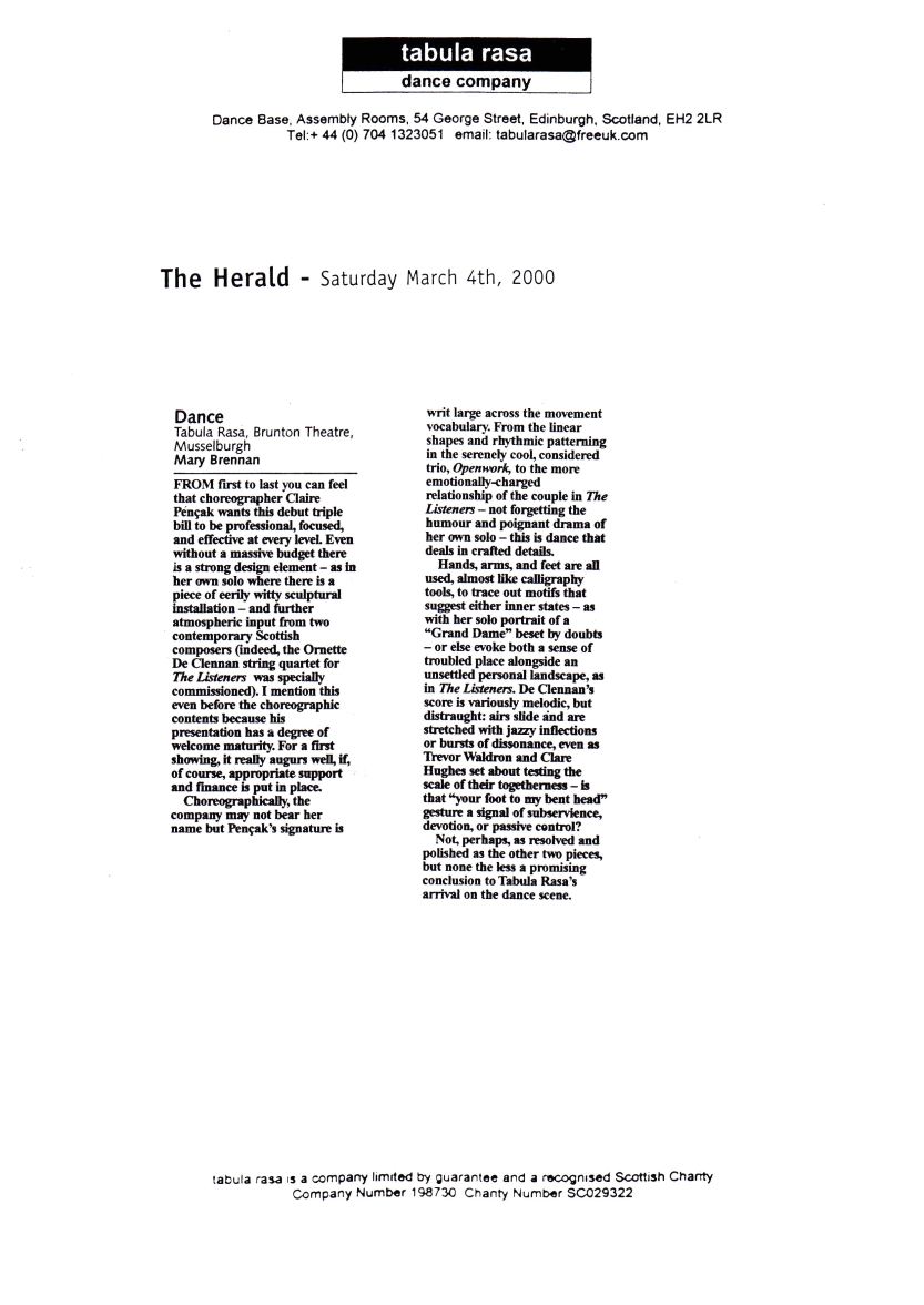 Brennan, M. (2000) Dance: Tabula Rasa, Brunton Theatre, Musselburgh. The Herald, Saturday March 4th. 