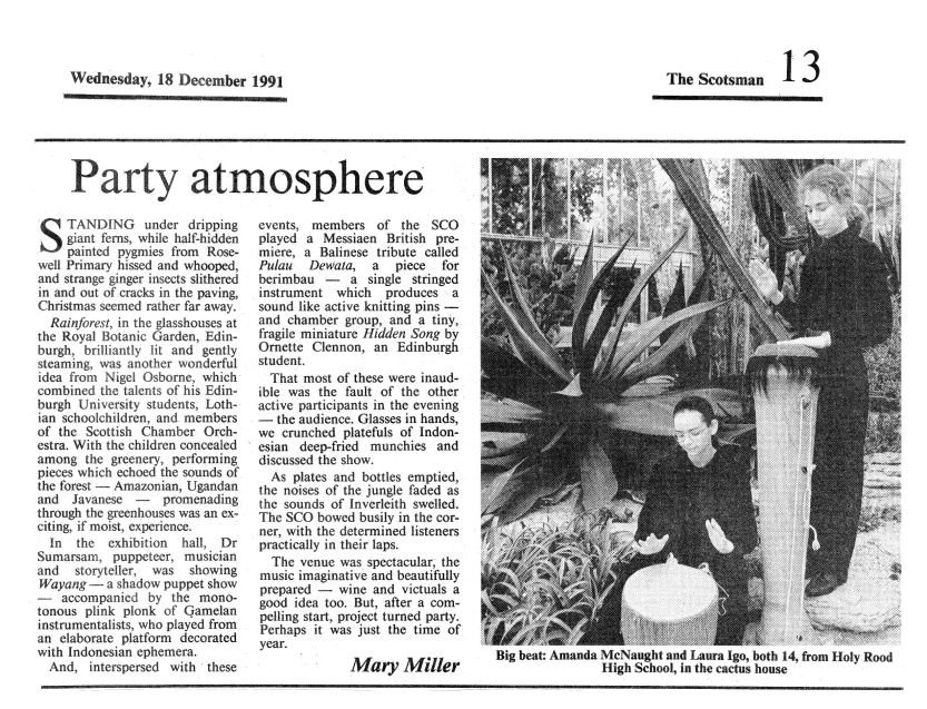 Miller, M. (1991) Party Atmosphere. The Scotsman, Wednesday December 18th. 