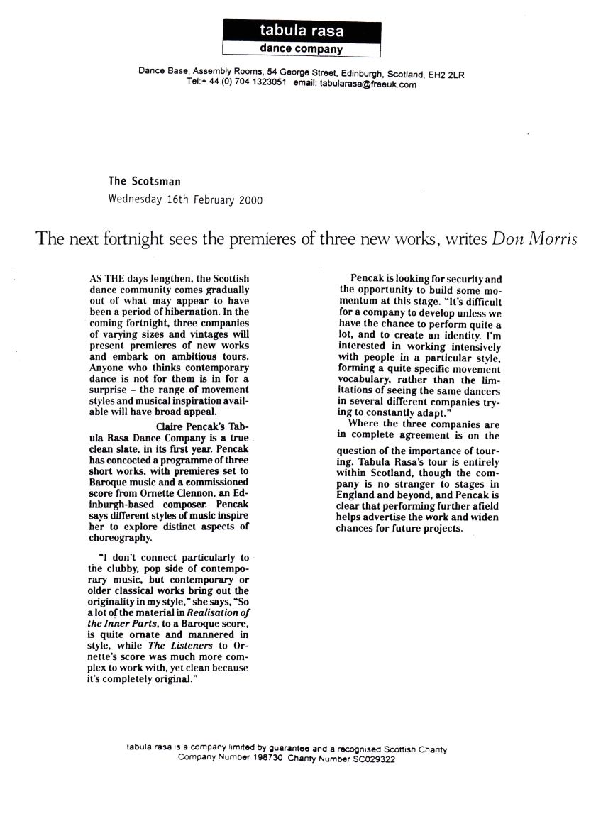 Morris, D. (2000) The next fortnight sees the premieres of three new works, writes Don Morris. The Scotsman, Wednesday February 16th 
